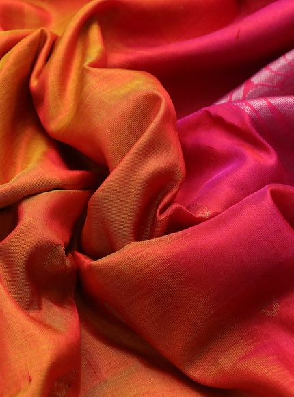 Pure uppada silk saree dual shade of mustard and pink with silver & gold zari woven buttas and zari woven simple border