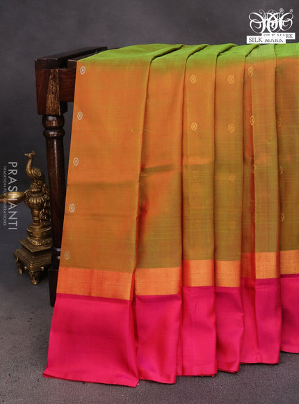 Pure uppada silk saree dual shade of green and pink with silver & gold zari woven buttas and zari woven simple border