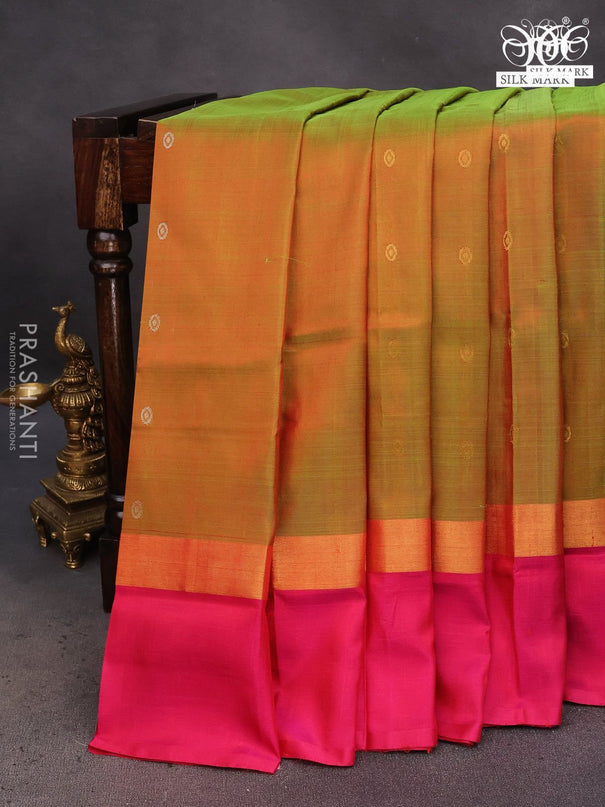 Pure uppada silk saree dual shade of green and pink with silver & gold zari woven buttas and zari woven simple border