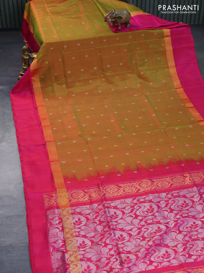 Pure uppada silk saree dual shade of green and pink with silver & gold zari woven buttas and zari woven simple border