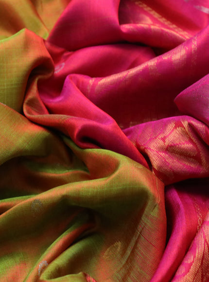 Pure uppada silk saree dual shade of green and pink with silver & gold zari woven buttas and zari woven simple border