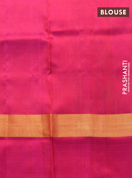 Pure uppada silk saree dual shade of green and pink with silver & gold zari woven buttas and zari woven simple border