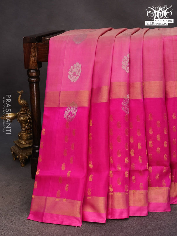 Pure uppada silk saree pink shade with silver & gold zari woven buttas and long zari woven butta border