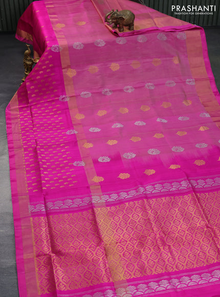 Pure uppada silk saree pink shade with silver & gold zari woven buttas and long zari woven butta border