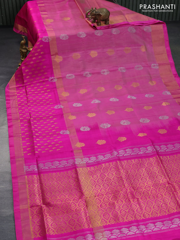 Pure uppada silk saree pink shade with silver & gold zari woven buttas and long zari woven butta border