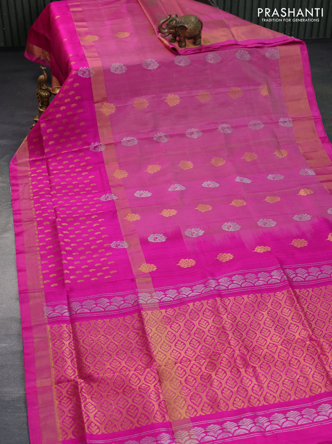 Pure uppada silk saree pink shade with silver & gold zari woven buttas and long zari woven butta border