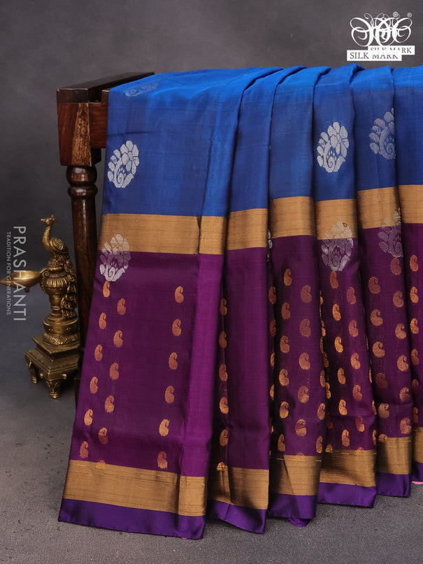 Pure uppada silk saree cs blue and deep purple with silver & gold zari woven buttas and long zari woven butta border