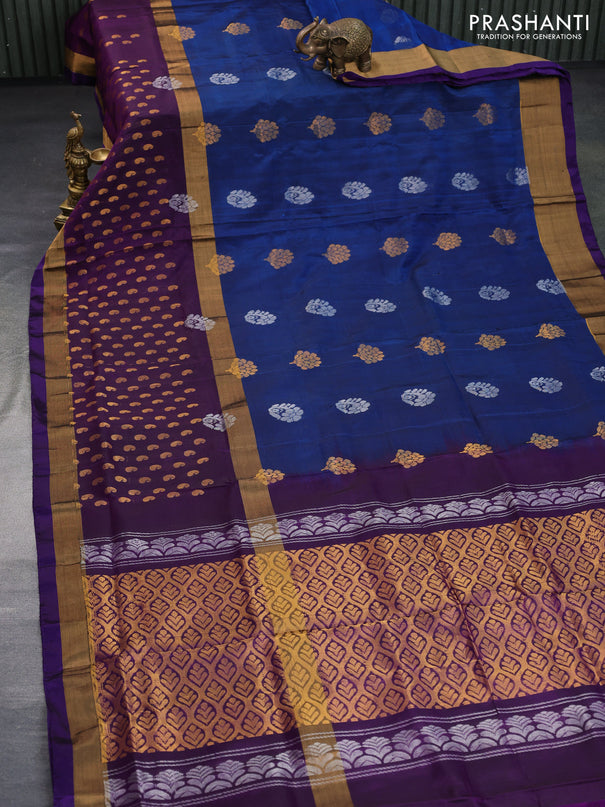 Pure uppada silk saree cs blue and deep purple with silver & gold zari woven buttas and long zari woven butta border