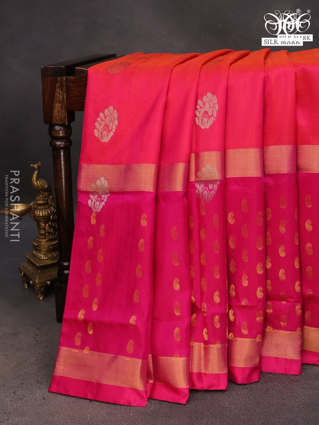 Pure uppada silk saree dual shade of pinkish orange and pink with silver & gold zari woven buttas and long zari woven butta border