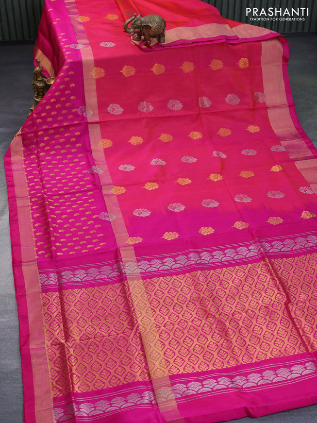 Pure uppada silk saree dual shade of pinkish orange and pink with silver & gold zari woven buttas and long zari woven butta border