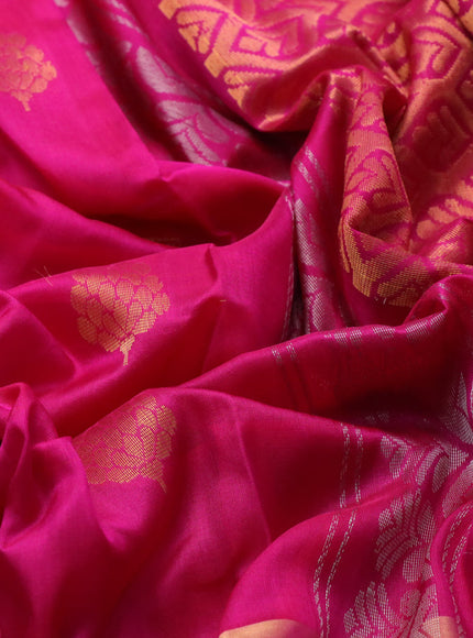 Pure uppada silk saree dual shade of pinkish orange and pink with silver & gold zari woven buttas and long zari woven butta border