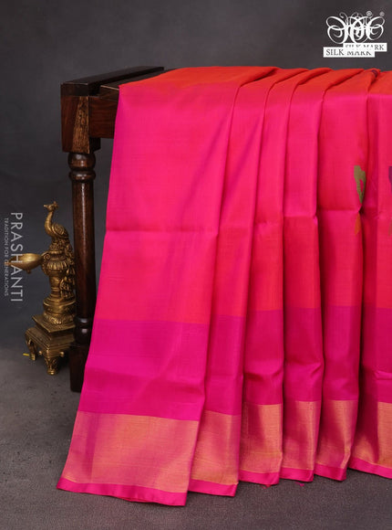 Pure uppada silk saree dual shade of pinkish orange and pink with zari woven jamdhani buttas and zari woven border