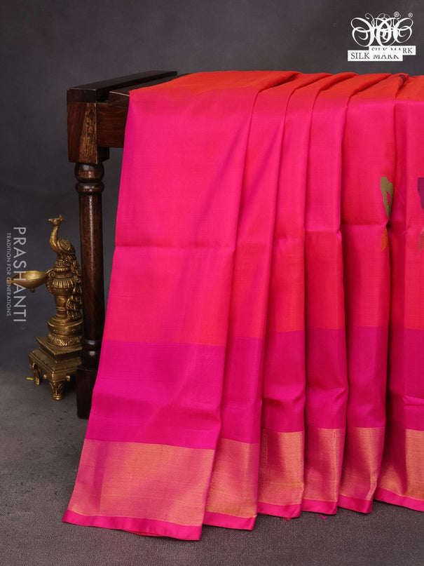 Pure uppada silk saree dual shade of pinkish orange and pink with zari woven jamdhani buttas and zari woven border