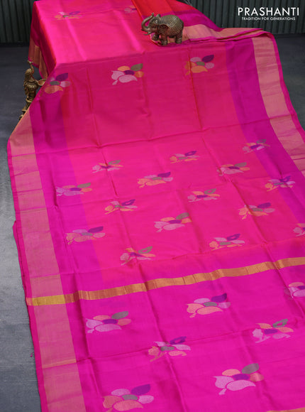 Pure uppada silk saree dual shade of pinkish orange and pink with zari woven jamdhani buttas and zari woven border