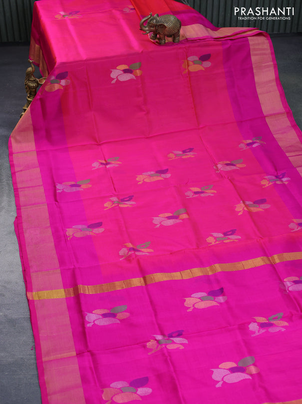 Pure uppada silk saree dual shade of pinkish orange and pink with zari woven jamdhani buttas and zari woven border