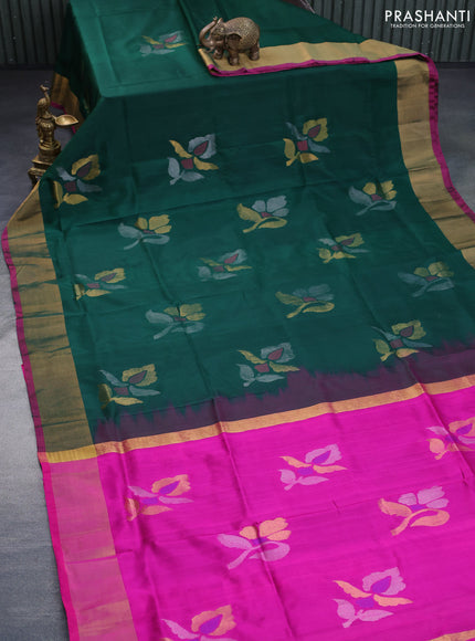 Pure uppada silk saree green and pink with zari woven jamdhani buttas and zari woven border