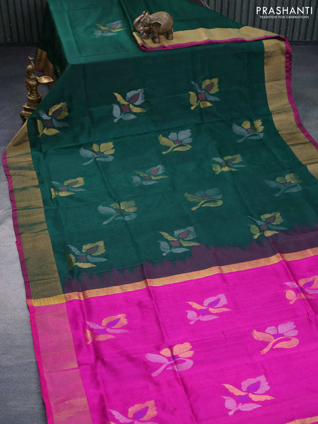 Pure uppada silk saree green and pink with zari woven jamdhani buttas and zari woven border