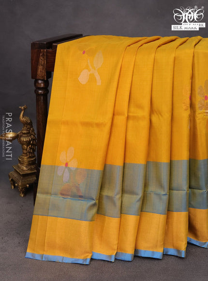 Pure uppada silk saree mustard yellow and cs blue with zari woven jamdhani buttas and zari woven border