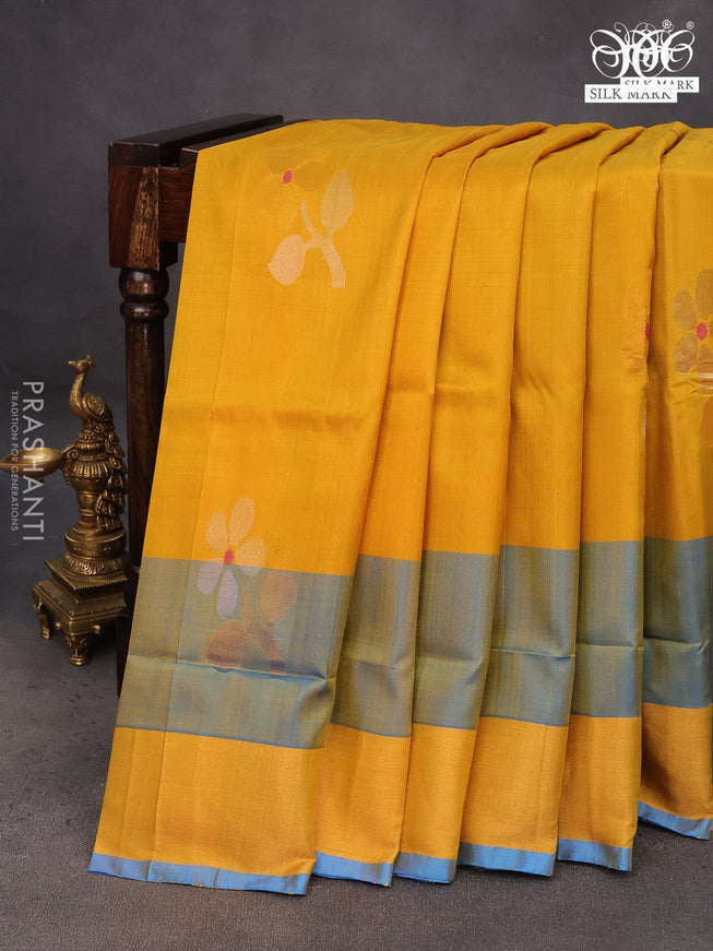 Pure uppada silk saree mustard yellow and cs blue with zari woven jamdhani buttas and zari woven border