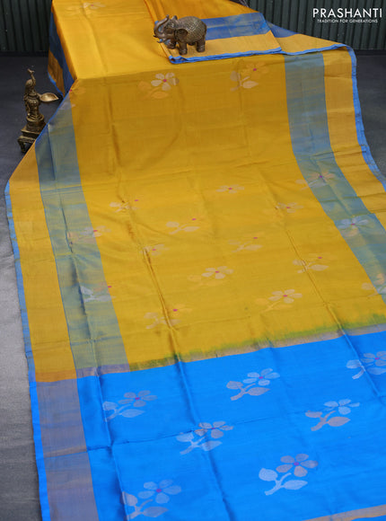 Pure uppada silk saree mustard yellow and cs blue with zari woven jamdhani buttas and zari woven border