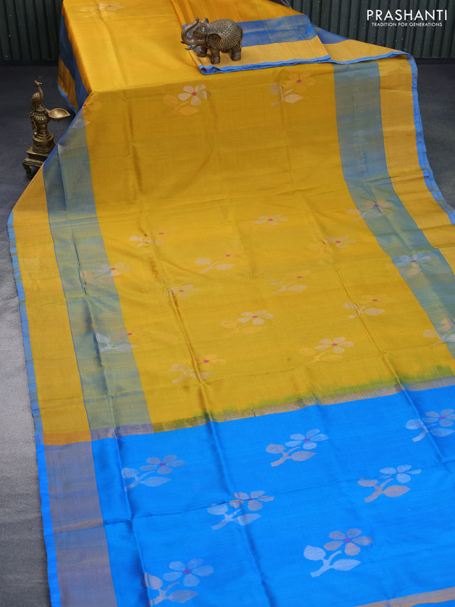 Pure uppada silk saree mustard yellow and cs blue with zari woven jamdhani buttas and zari woven border