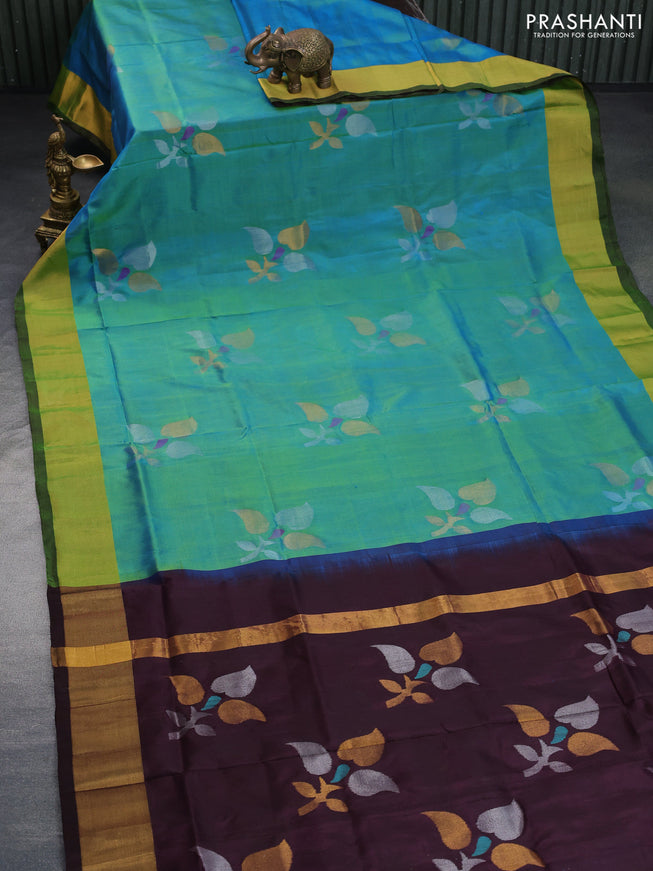 Pure uppada silk saree dual shade of teal blue and brown with zari woven jamdhani buttas and zari woven border