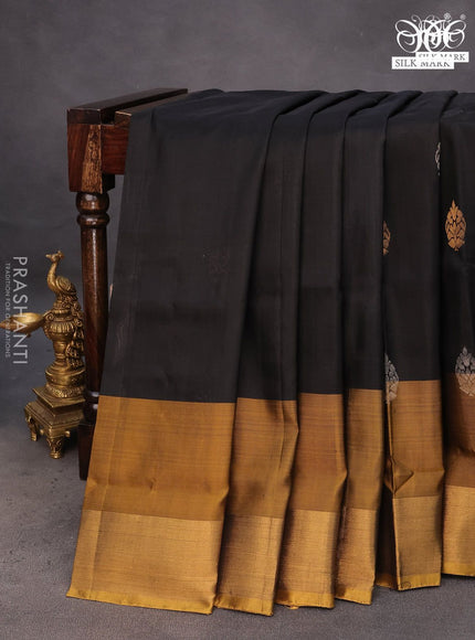 Pure uppada silk saree black and mehendi green with silver & gold zari woven buttas and zari woven border