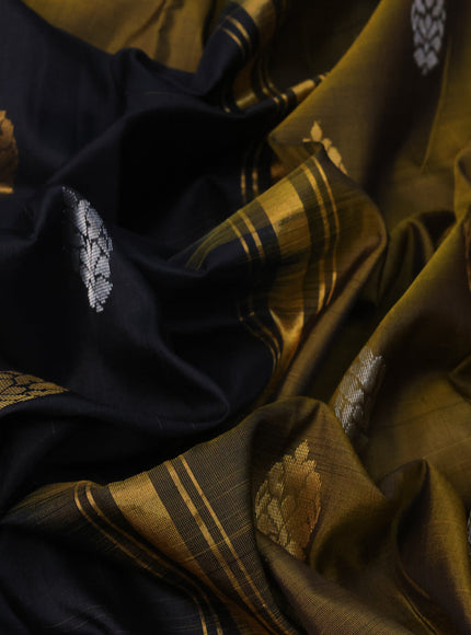 Pure uppada silk saree black and mehendi green with silver & gold zari woven buttas and zari woven border