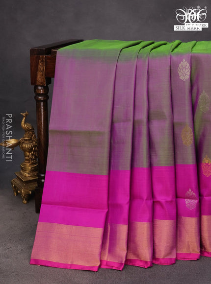 Pure uppada silk saree dual shade of green and purple with silver zari woven buttas and zari woven border