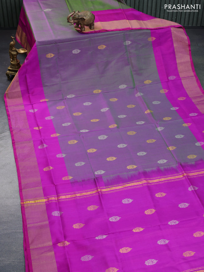 Pure uppada silk saree dual shade of green and purple with silver zari woven buttas and zari woven border