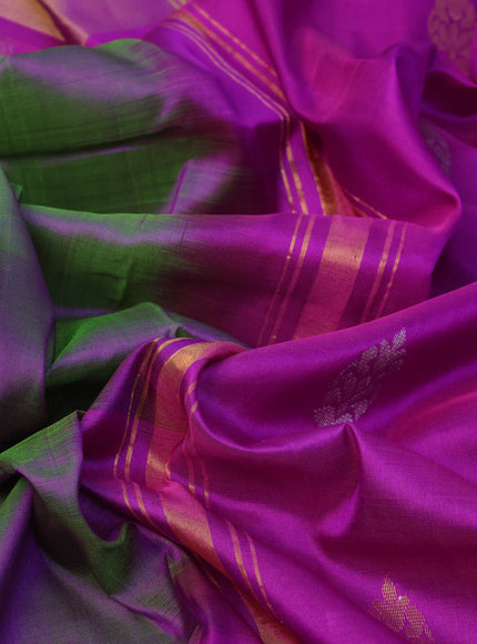 Pure uppada silk saree dual shade of green and purple with silver zari woven buttas and zari woven border