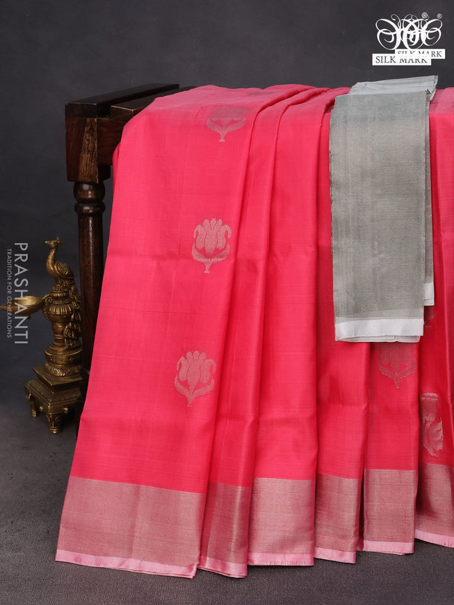 Pure uppada silk saree candy pink with silver zari woven buttas and silver zari woven border