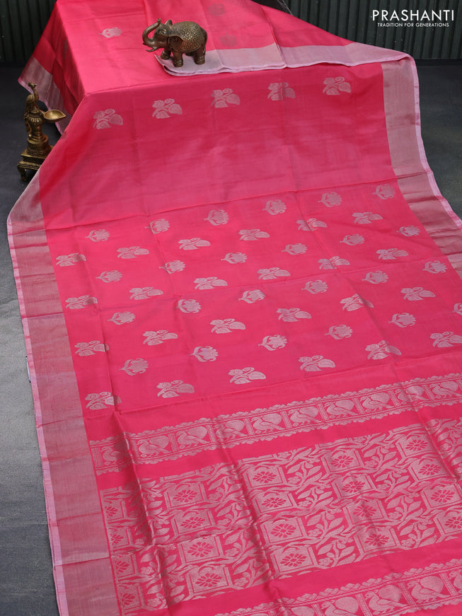 Pure uppada silk saree candy pink with silver zari woven buttas and silver zari woven border