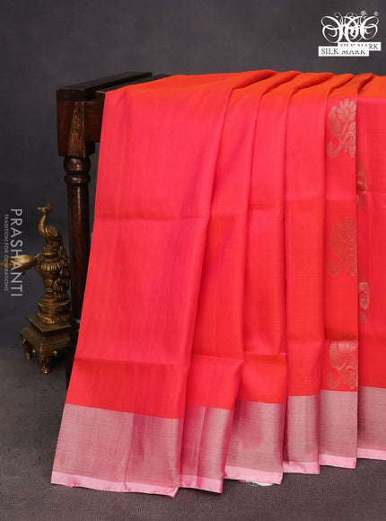 Pure uppada silk saree dual shade of pinkish orange with silver zari woven buttas and silver zari woven border