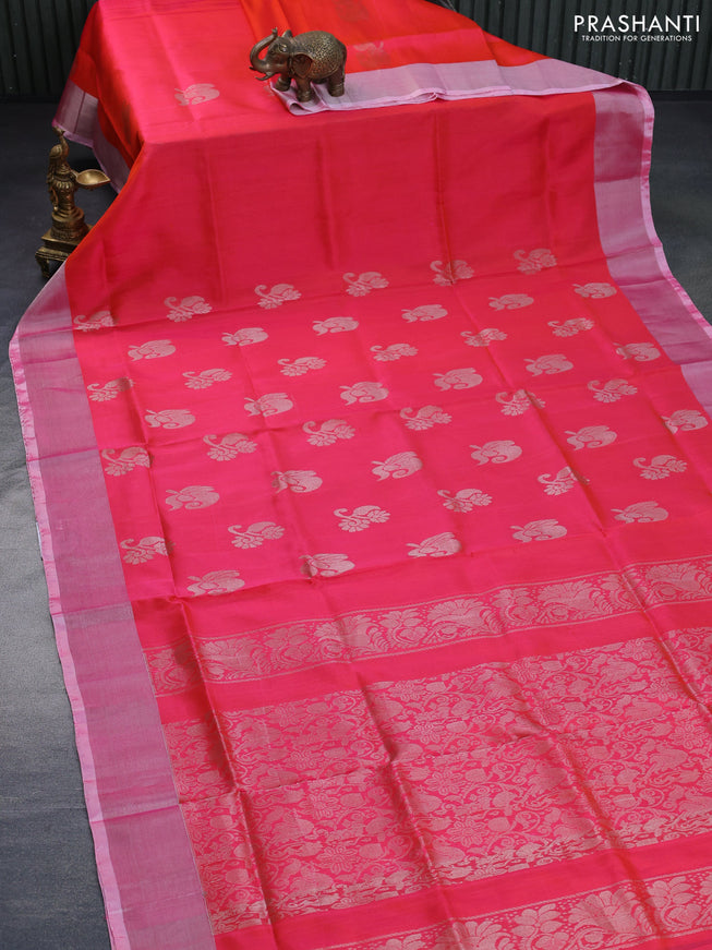 Pure uppada silk saree dual shade of pinkish orange with silver zari woven buttas and silver zari woven border