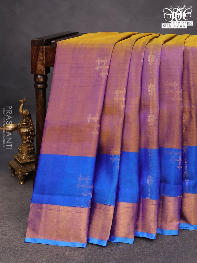 Pure uppada silk saree dual shade of yellowish blue and blue with silver & gold zari woven buttas and zari woven border