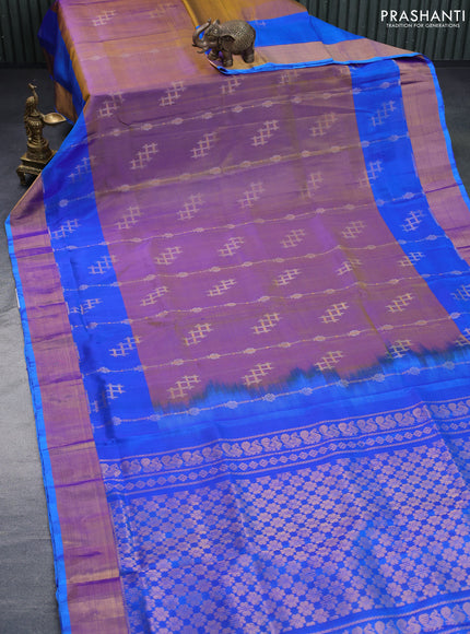 Pure uppada silk saree dual shade of yellowish blue and blue with silver & gold zari woven buttas and zari woven border