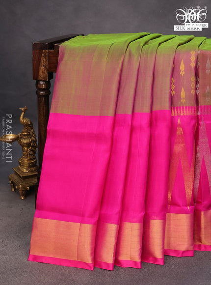 Pure uppada silk saree dual shade of pinkish green and pink with silver & gold zari woven buttas and long zari woven border