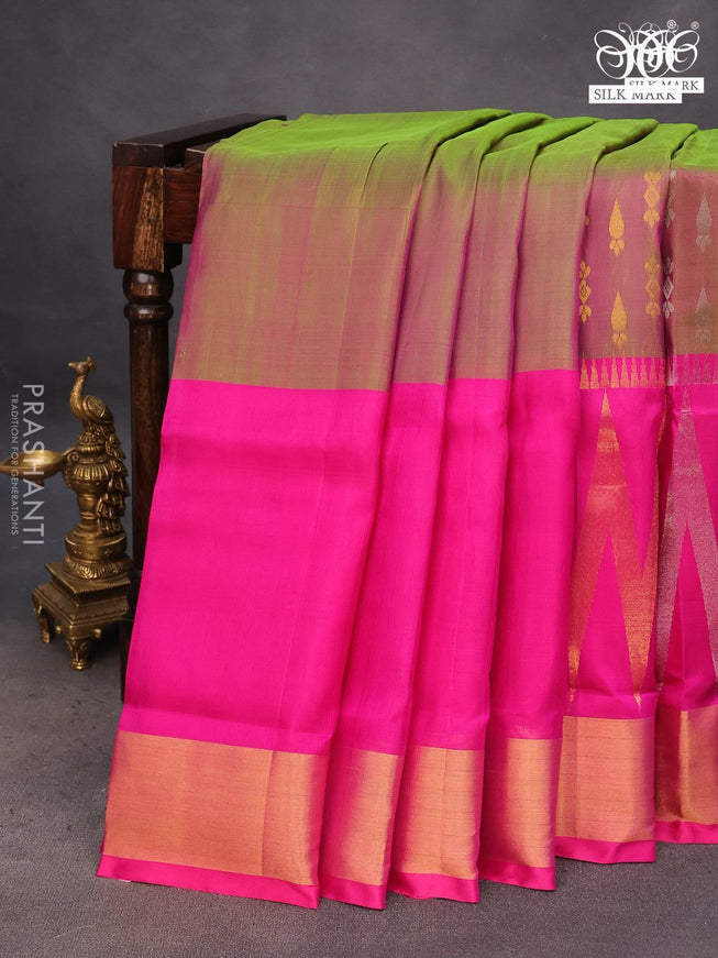 Pure uppada silk saree dual shade of pinkish green and pink with silver & gold zari woven buttas and long zari woven border