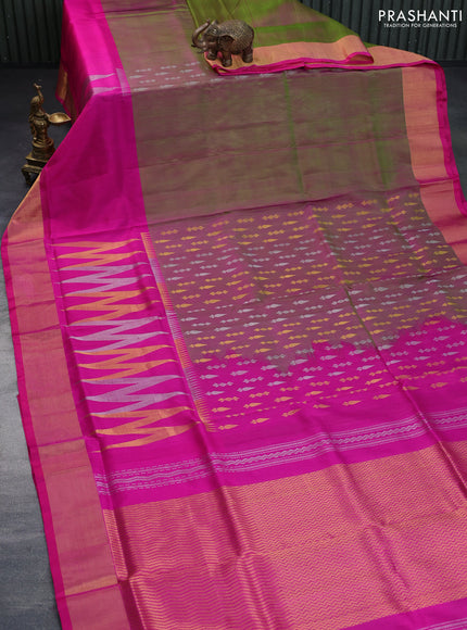 Pure uppada silk saree dual shade of pinkish green and pink with silver & gold zari woven buttas and long zari woven border