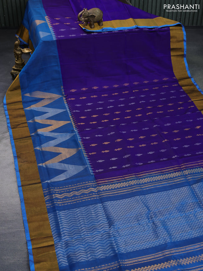 Pure uppada silk saree blue and cs blue with silver & gold zari woven buttas and long zari woven border