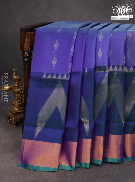 Pure uppada silk saree blue and dual shade of bluish green with allover silver zari woven buttas and long zari woven border