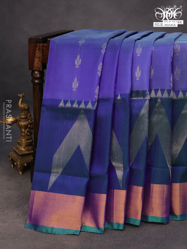 Pure uppada silk saree blue and dual shade of bluish green with allover silver zari woven buttas and long zari woven border