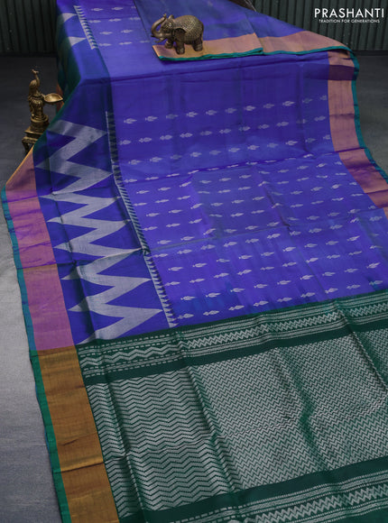 Pure uppada silk saree blue and dual shade of bluish green with allover silver zari woven buttas and long zari woven border