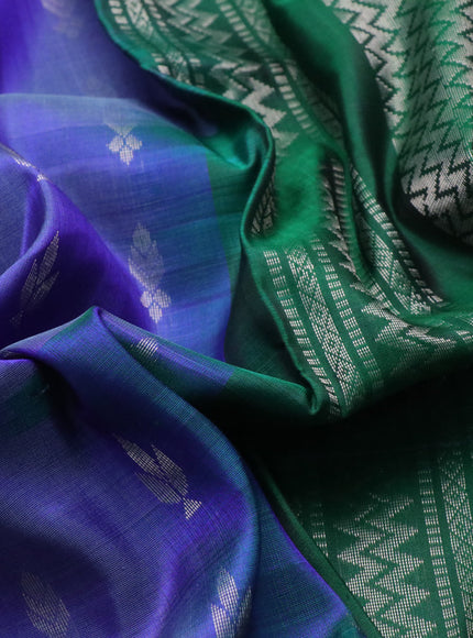 Pure uppada silk saree blue and dual shade of bluish green with allover silver zari woven buttas and long zari woven border