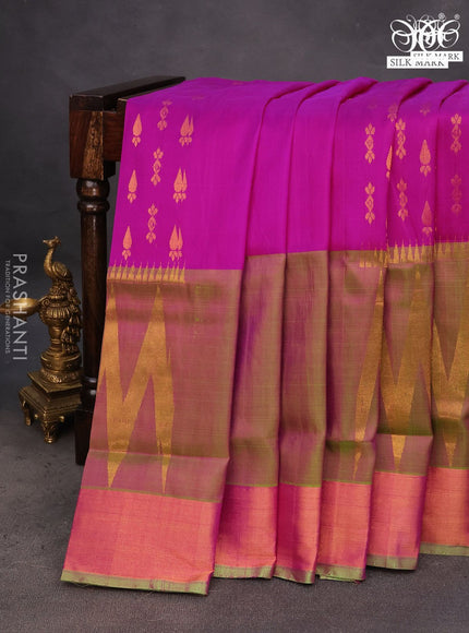 Pure uppada silk saree pink and dual shade of pinkish green with allover zari woven buttas and long zari woven border