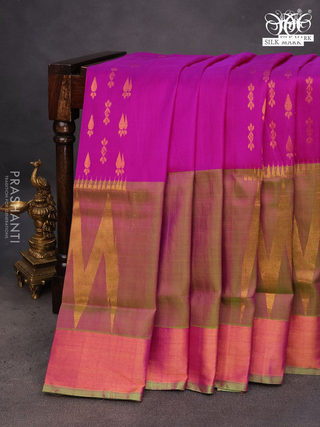 Pure uppada silk saree pink and dual shade of pinkish green with allover zari woven buttas and long zari woven border