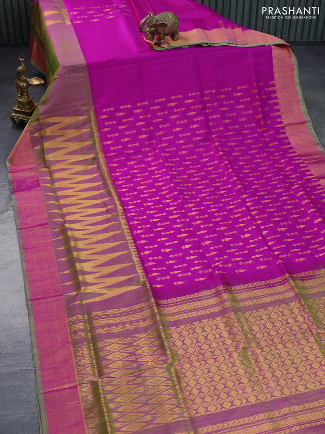 Pure uppada silk saree pink and dual shade of pinkish green with allover zari woven buttas and long zari woven border