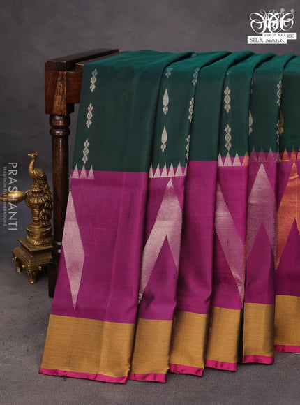 Pure uppada silk saree dark green and pink with allover silver & gold zari woven buttas and long zari woven border