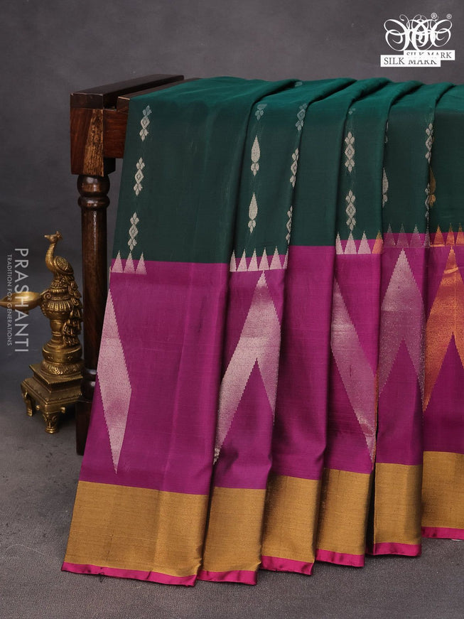 Pure uppada silk saree dark green and pink with allover silver & gold zari woven buttas and long zari woven border